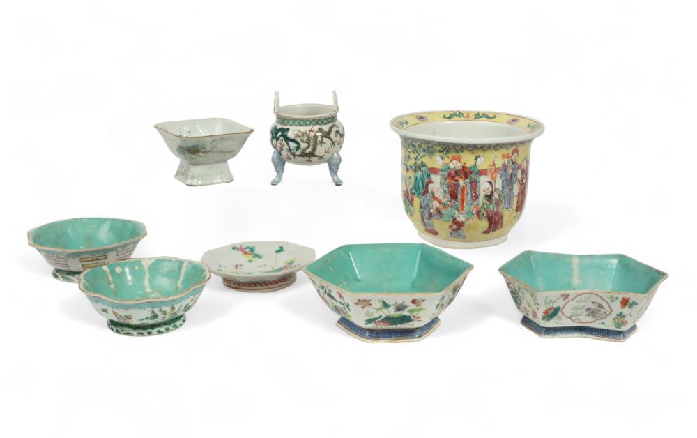 A group of eight Chinese polychrome decorated porcelain articles