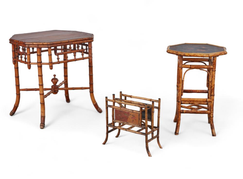 Two Aesthetic Movement bamboo tables and a magazine rack, second half 19th century