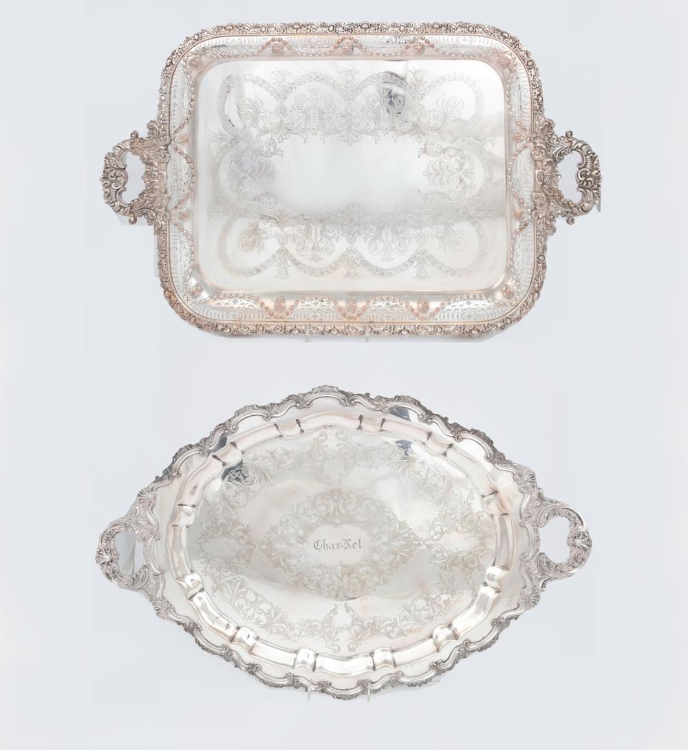 Two large American and English electroplate tea trays, Ellis Barker Silver Co and Lawrence B. Smith, late 19th/early 20th century