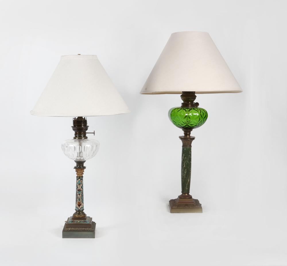 Two Neoclassical style gilt bronze, champleve and marble table lamps, second half 19th century