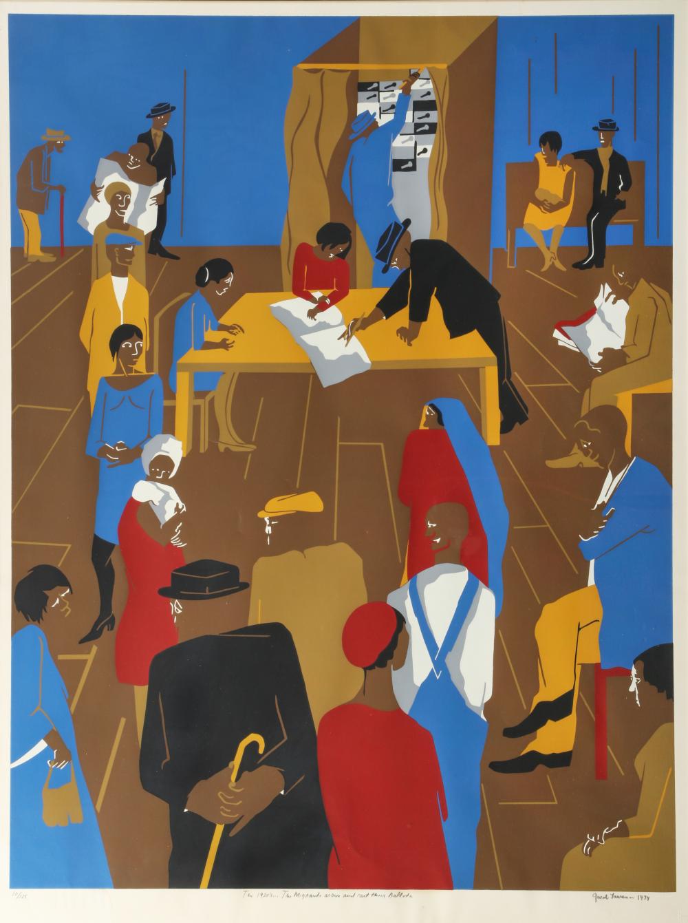 Jacob Lawrence (American, 1917-2000), The 1920s…The Migrants arrive and cast their ballots (Nesbett L 74-3), 1974, screenprint in colors on Domestic Etching paper, 34 1/8 x 27 5/8in (87 x 70cm)