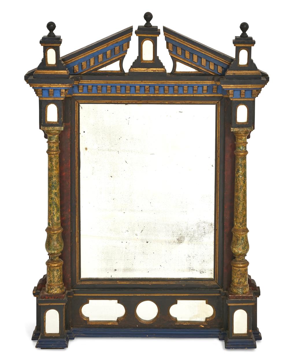 An Italian Neoclassical ebonized, polychrome decorated and faux marble mirror, early 19th century