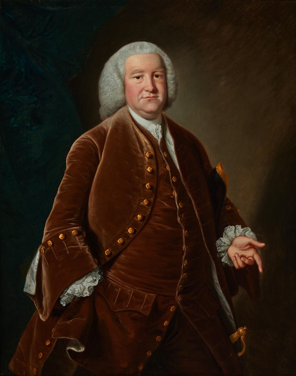 Attributed to Thomas Hudson (English, 1701-1779), Portrait of a gentleman in a brown jacket, oil on canvas, 50 x 40in (127 x 102cm)