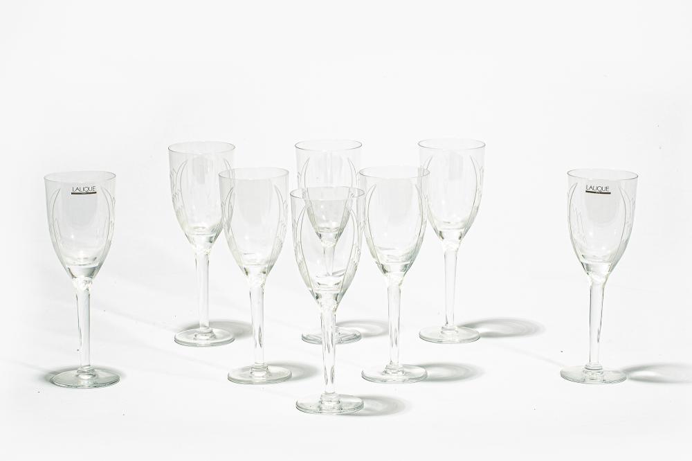 Lalique: a set of eight clear and frosted glass champagne flutes: Ange height 8in (20cm)
