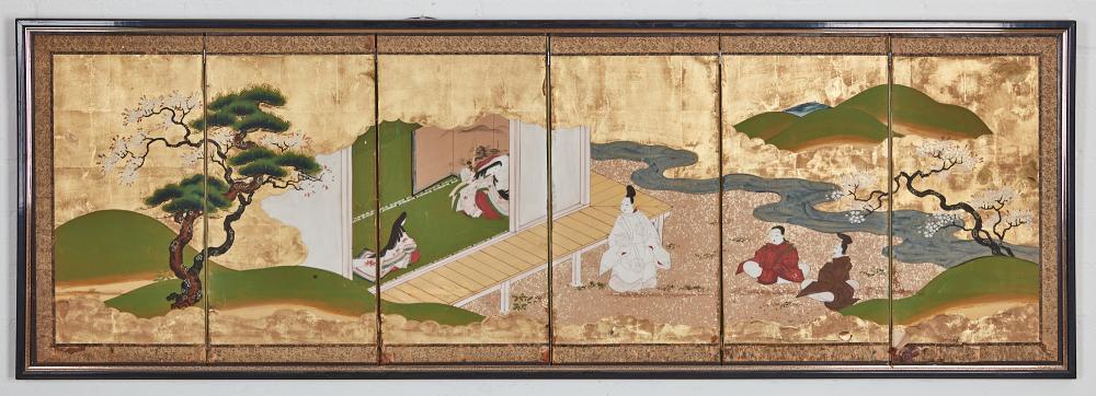 A Japanese six panel screen likely depicting a Genji scene