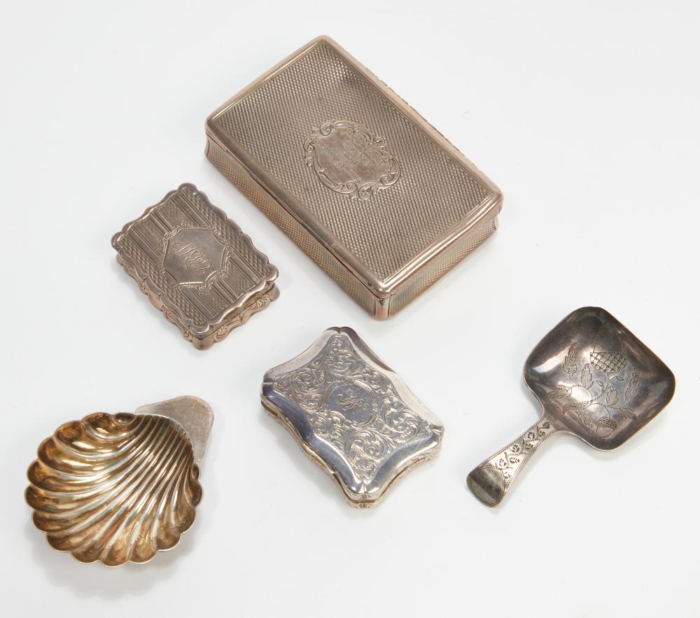 A group of five English sterling silver boxes and caddy spoons, 19th-20th century