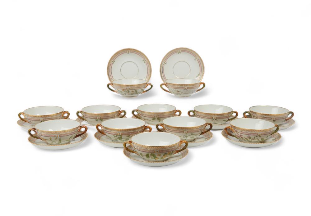 Twelve Royal Copenhagen porcelain Flora Danica cream soup bowls and saucers, date codes for 1979-83