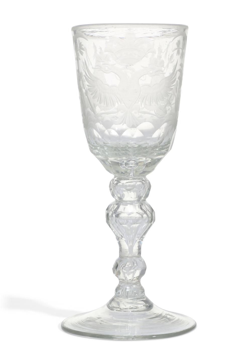 A Continental engraved clear glass goblet, probably Russian, in the manner of the Imperial Glass Works, late 18th century
