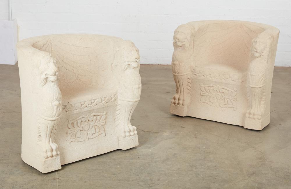 A pair of cast composition faux stone Lion Head chairs, Attributed to Michael Taylor , modern