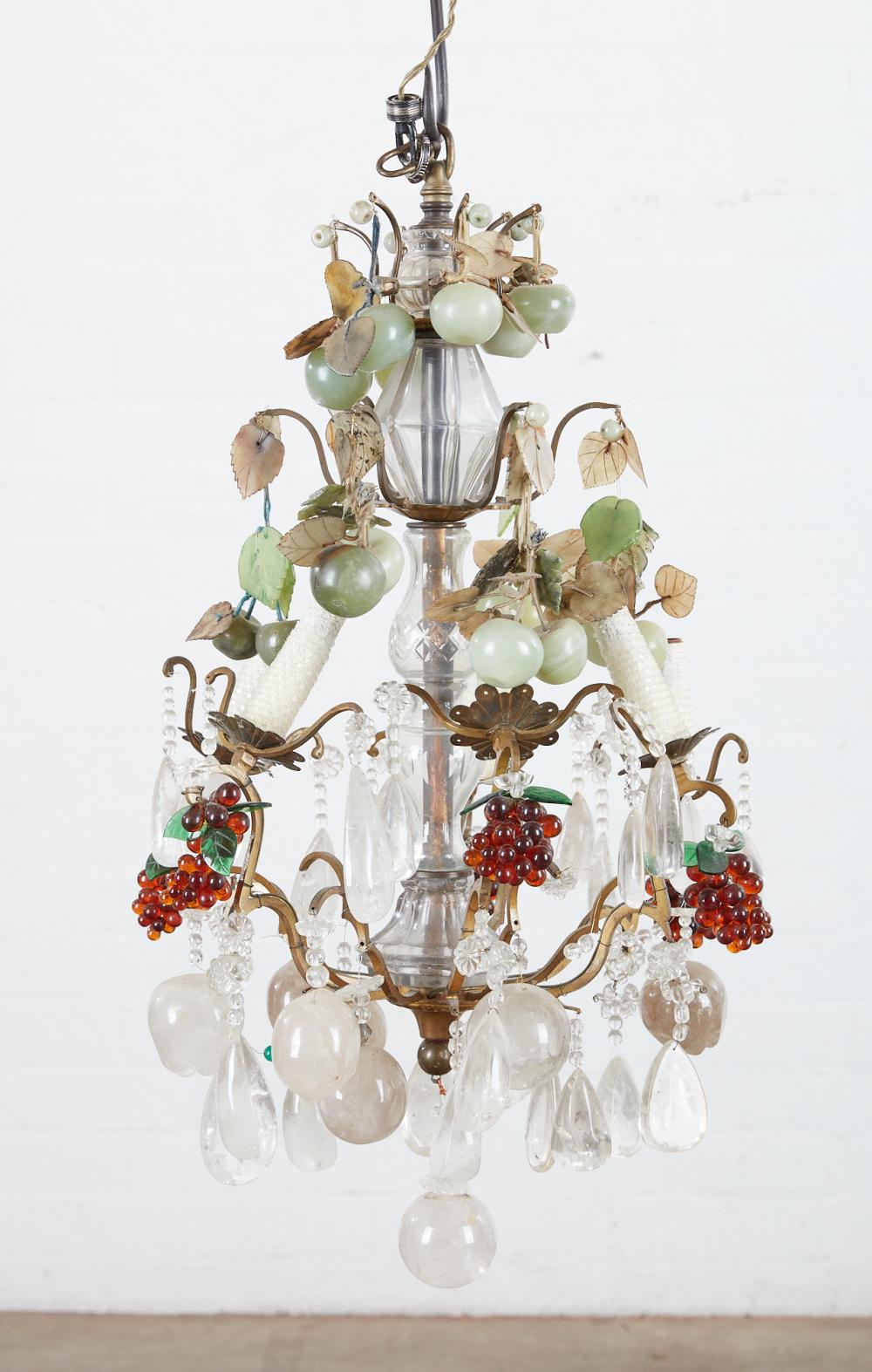 A Regence style six light glass and rock crystal chandelier, 20th century