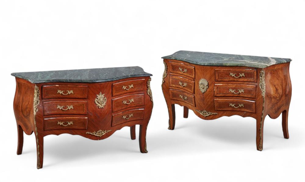 A pair of Louis XV style gilt bronze mounted mixed wood commodes, post 1950