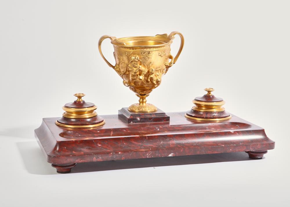 A French rouge marble and gilt bronze inkwell, second half 19th century