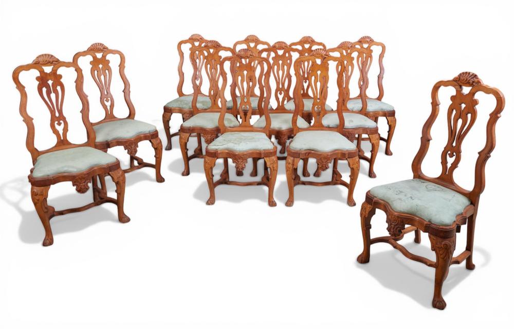 A set of twelve Portuguese Rococo style stained beechwood dining chairs, modern