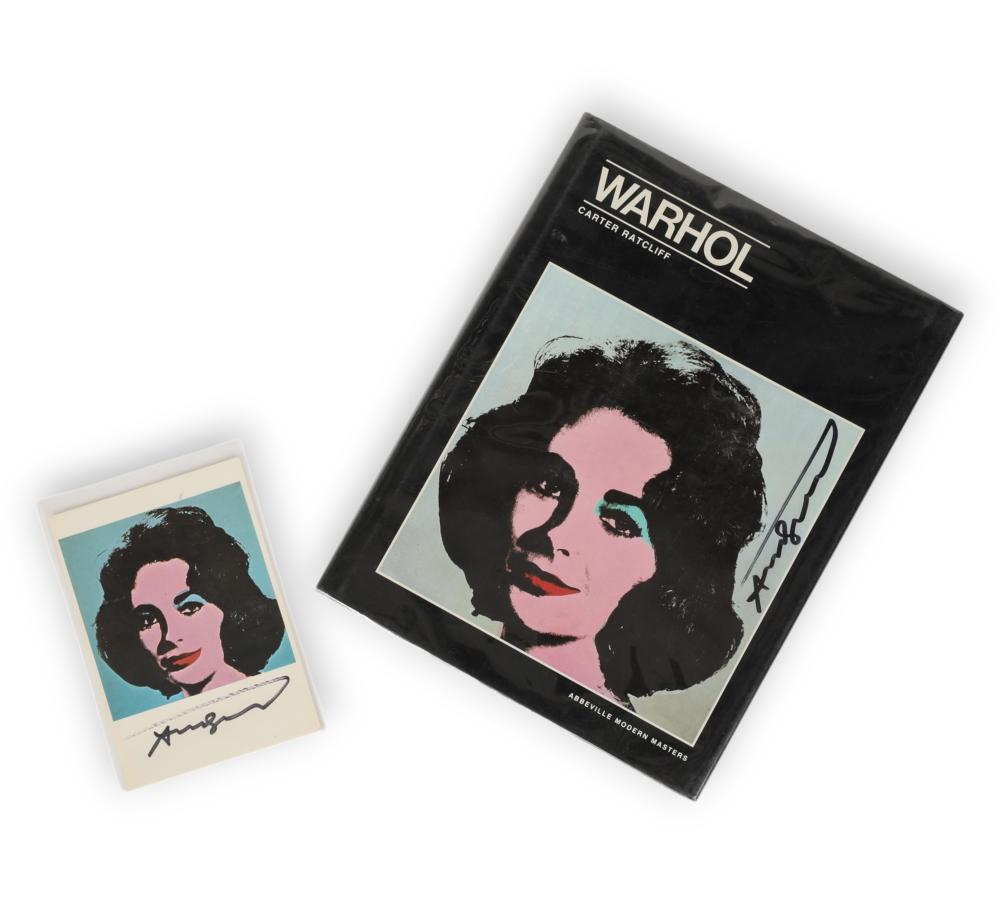 An Andy Warhol signed book and a Liz post card 