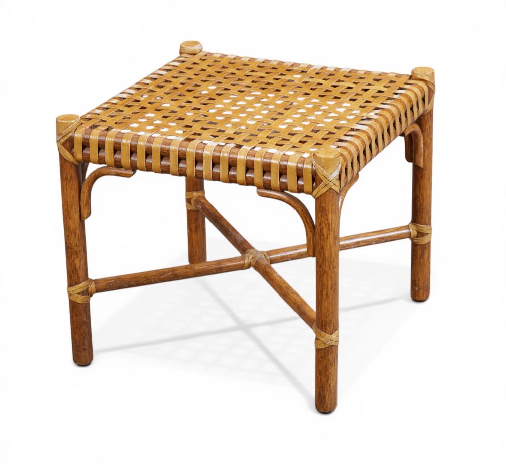 A McGuire bamboo and woven leather stool, modern