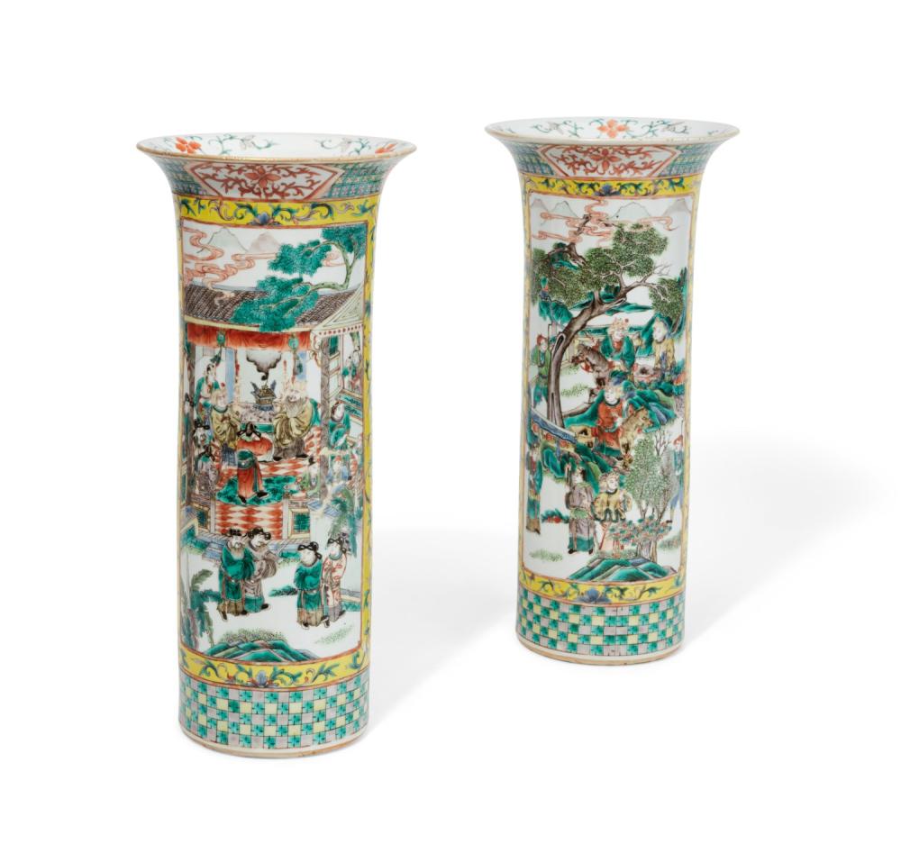 A pair of Chinese Famille Verte porcelain flared mouth sleeve vases