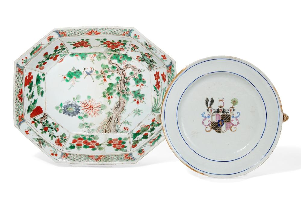 A Chinese Export armorial porcelain warming dish and a Famille Verte bowl