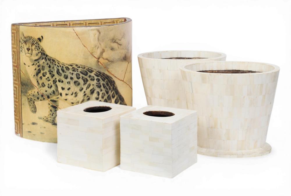Three waste paper baskets and two tissue holders, modern (5)