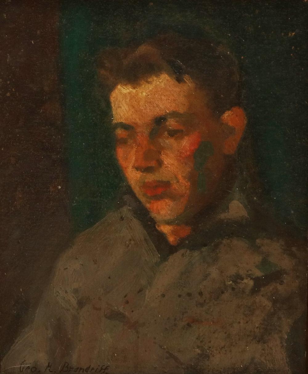 Manner of George Kennedy Brandriff (American, 1890-1936), Portrait of a young man, oil on board, 11 1/2 x 9 1/2in (29 x 24cm)