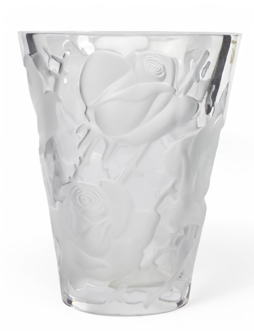 A Lalique clear and frosted glass vase: Ispahan Rose