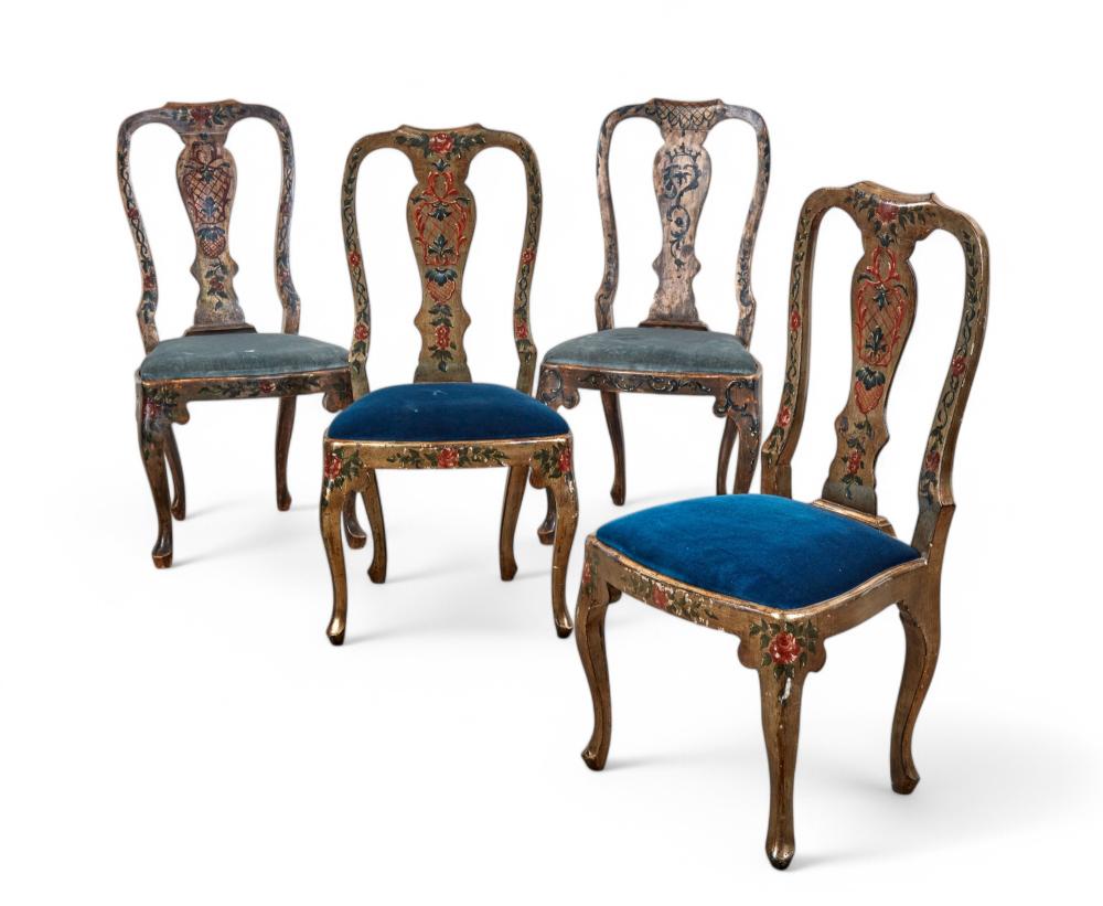 A matched set of four Italian Rococo style silvered and polychrome decorated side chairs, one second half 18th century, the others of a later date