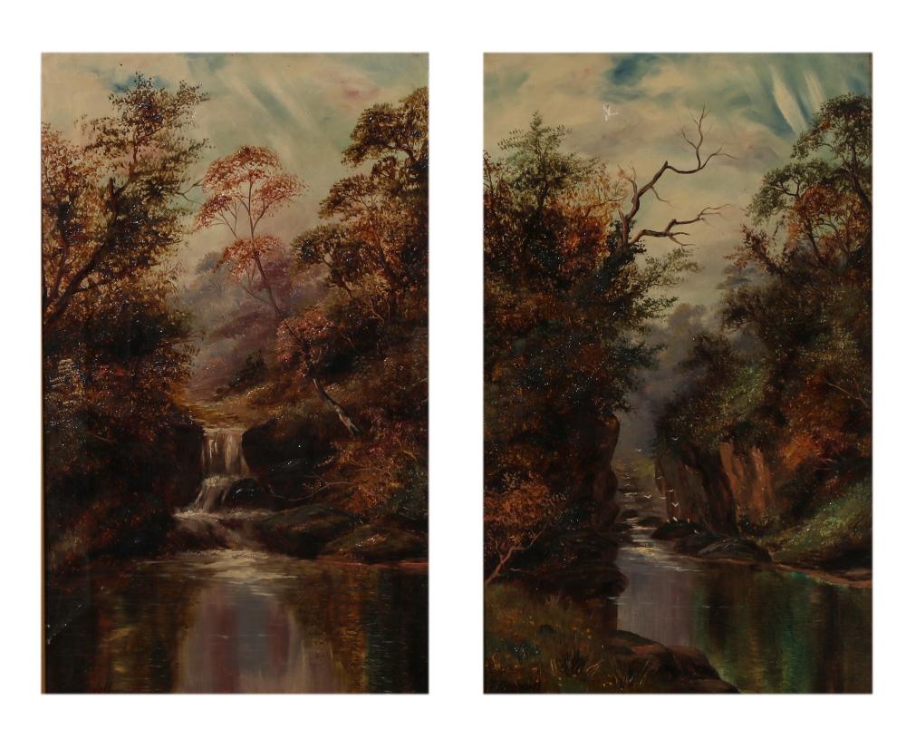 Continental School (19th century), Wooded landscape with river (2), oil on canvas, 20 x 12 (51 x 31cm)