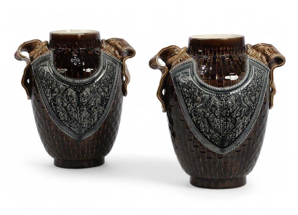 A pair of Choisy le Roi glazed earthenware heraldic vases, Hippolyte Boulenger
