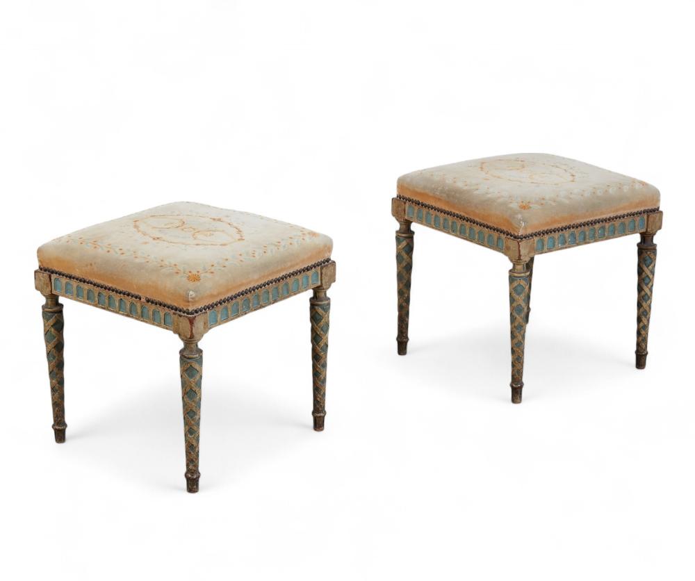 A pair of Italian Neoclassical cream and blue painted stools, Late 18th century