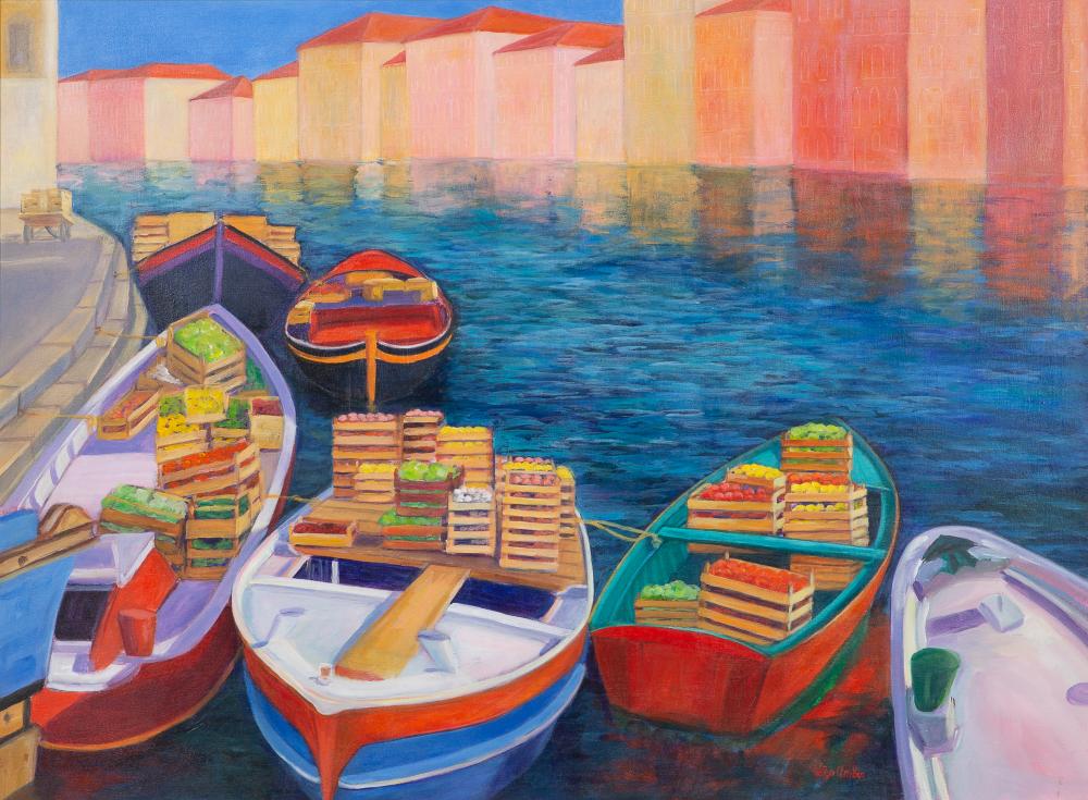Helga Umber, (California, 20th century), Venetian Market Scene, acrylic on canvas, 36 x 48in (91.5 x 122cm); frame 46 1/2 x 58 1/2in (118 x 148.5cm)