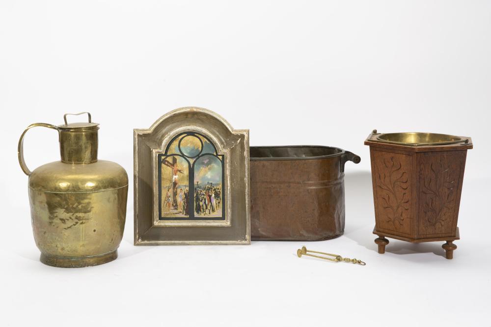 A group of mixed metalwares and artwork