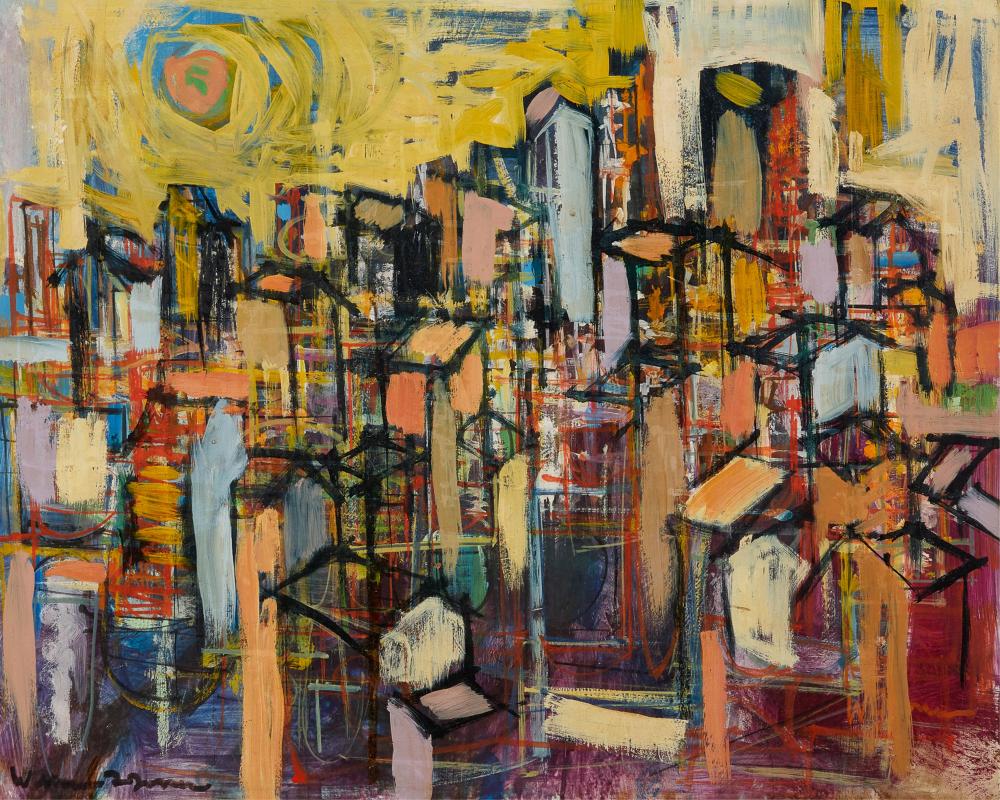Unknown Artist, (mid 20th century), Abstract city landscape, oil on masonite, dimensions 16 x 20in (40.5 x 51cm); frame 23 1/2 x 27 1/2in (59.5 x 70cm)
