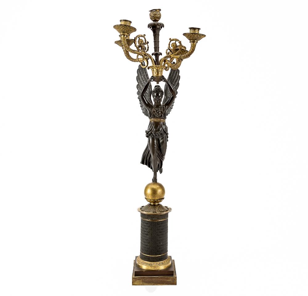 An Empire style gilt and patinated bronze figural five light candelabrum late 19th century
