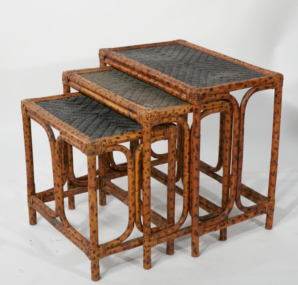 A nest of three Aesthetic Movement style bamboo and rattan tables, modern