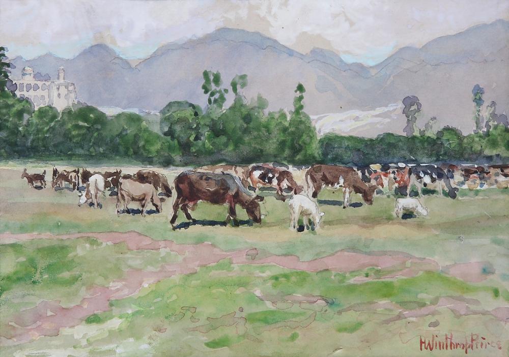 H. Winthrop Peirce (American, 1850-1935), Cows and Calves; Chapultepec Mexico, watercolor on paper, 5 x 7in (13 x 18cm)