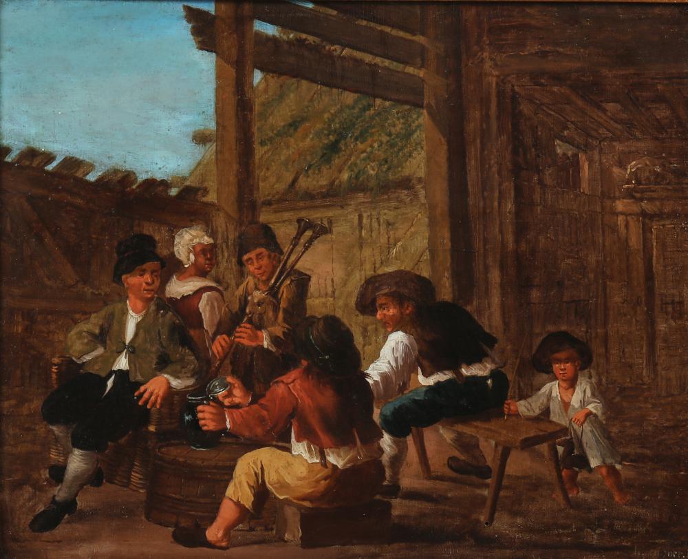 Manner of Johann Nikolaus Lentzner (German, 1711-1749), Figures resting outside the tavern, oil on panel, 9 1/4 x 12in (23 x 30cm)