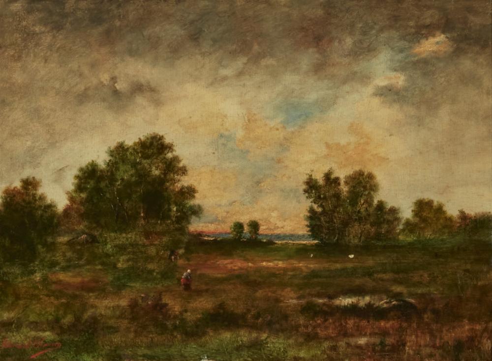 Edouard Chauvin (French, 19th century), Peasants in a landscape, oil on mahogany panel, 9 1/2 x 13in (24 x 33cm)