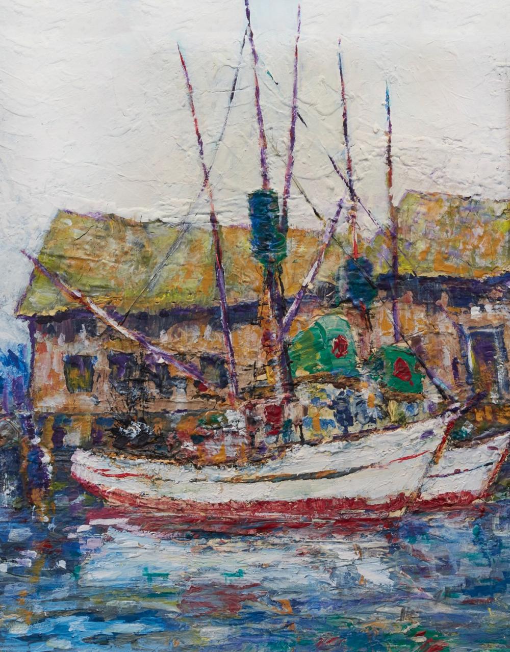 Continental School (20th century), Sailboats at dock, oil on board, 23 1/2 x 18 1/2in (59.5 x 47cm)