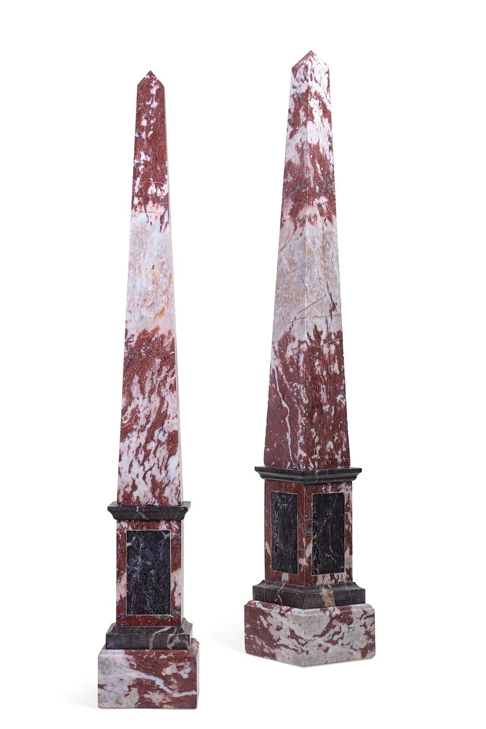 A pair of Neoclassical style mixed marble obelisks, 20th century