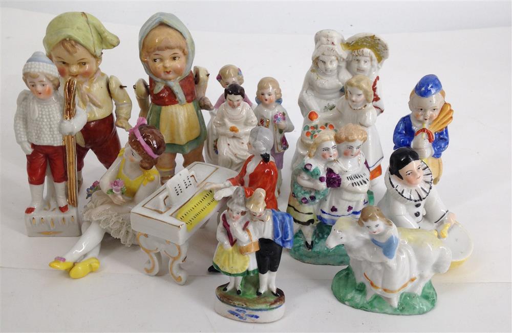 BOX LOT FIGURINES INCLUDING 4½" COUPLE WITH HINGED ARMS AND VICTORIAN PIANIST; SOME FROM JAPAN AND SOME MARKED GERMANY.