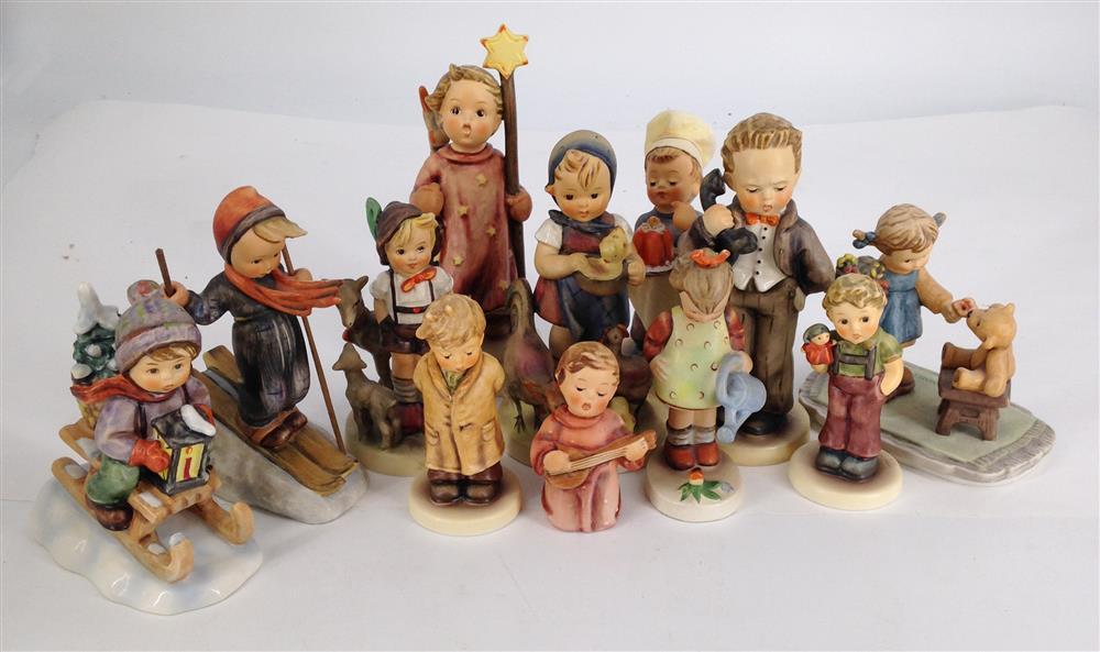 BOX LOT 12 HUMMELS (SOME WITH CHIPS) INCLUDING "BAKER", AND "WITH LOVE" IN ORIGINAL BOX.