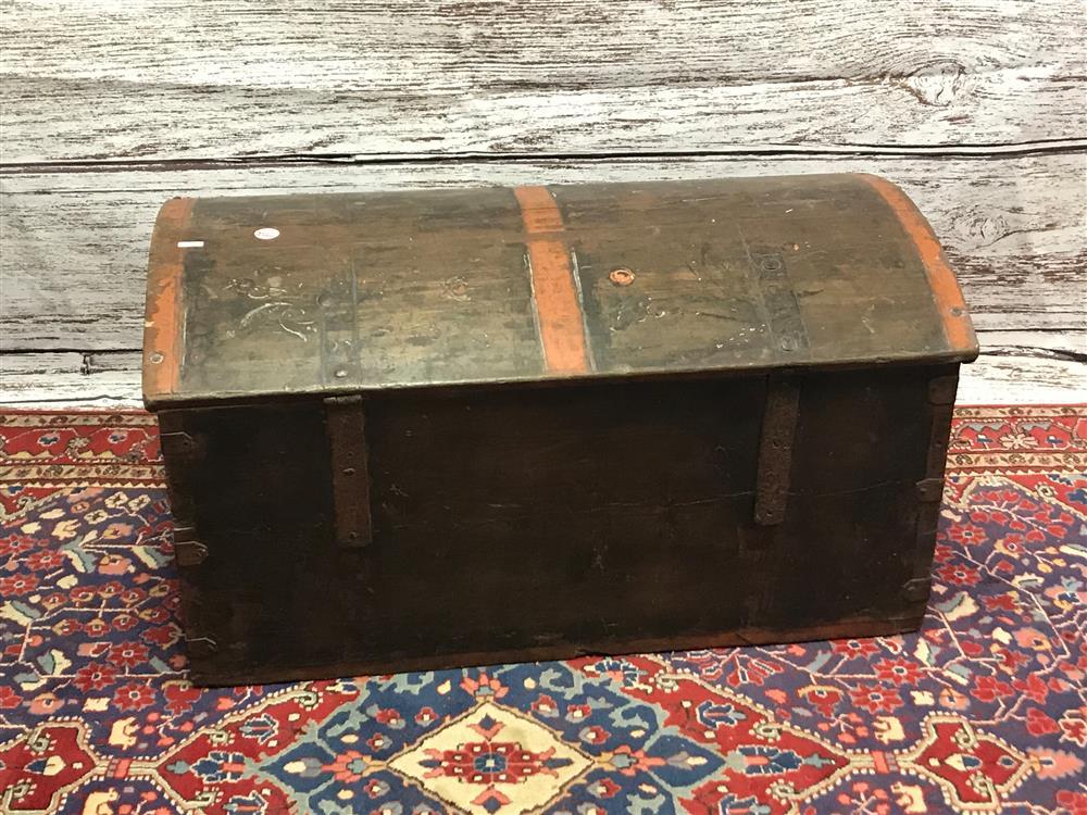 EARLY DECORATED IMMIGRANTS CHEST DATED 1858 32.5" X 18" X 17"