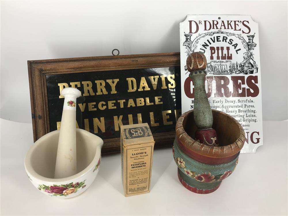 BOX LOT APOTHECARY 2 MORTAR AND PESTLE SETS, 2 SIGNS ONE FRAMED AND A BOXED JAR OF LLOYD'S SPECIFIC STREGNTH MEDICINE