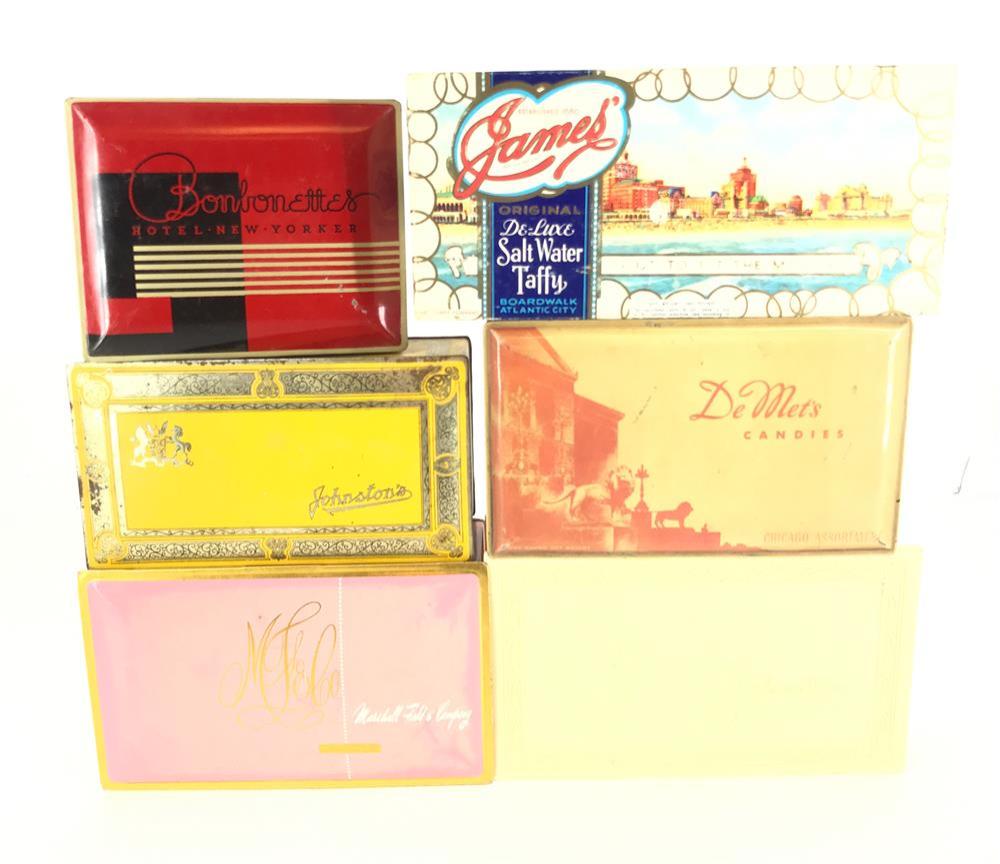 BOX LOT TIN, PLASTIC AND CARDBOARD CANDY CONTAINERS 6.5" TO 9.5" LONG