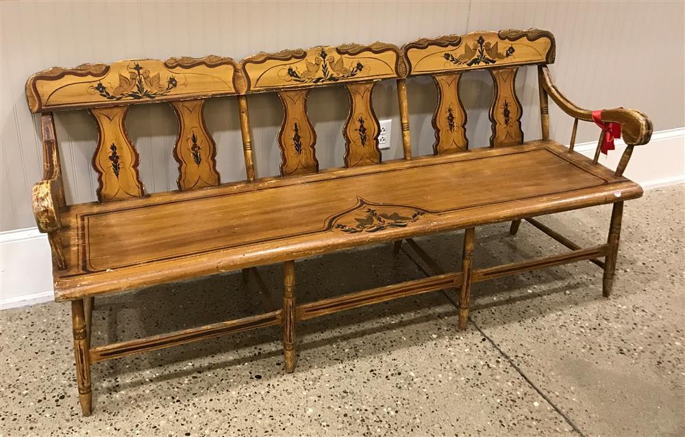 DECORATED PENNSYLVANIA VASE BACK PLANK SEAT SETTLE 74"