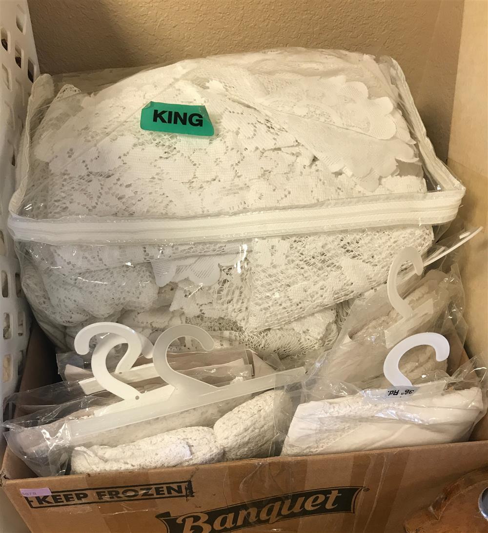 4 BOX LOTS INCLUDING QUILTS, LAUNDRY BASKET, DIRT DEVIL MINI SWEEPER, DECORATIVE PAINTED SAWS