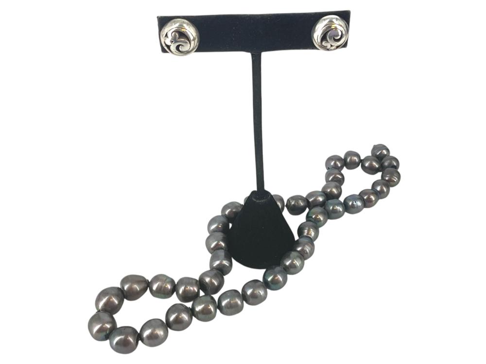 Strand of Baroque Dark Gray Pearls (Needs Re-Strung) and Sterling Silver Earrings