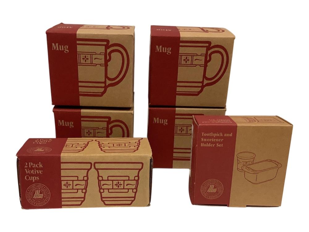 Longaberger (4) Blue and Cream Color Mugs, 2 pack of Votives and Toothpick and Sweetener Holder Set