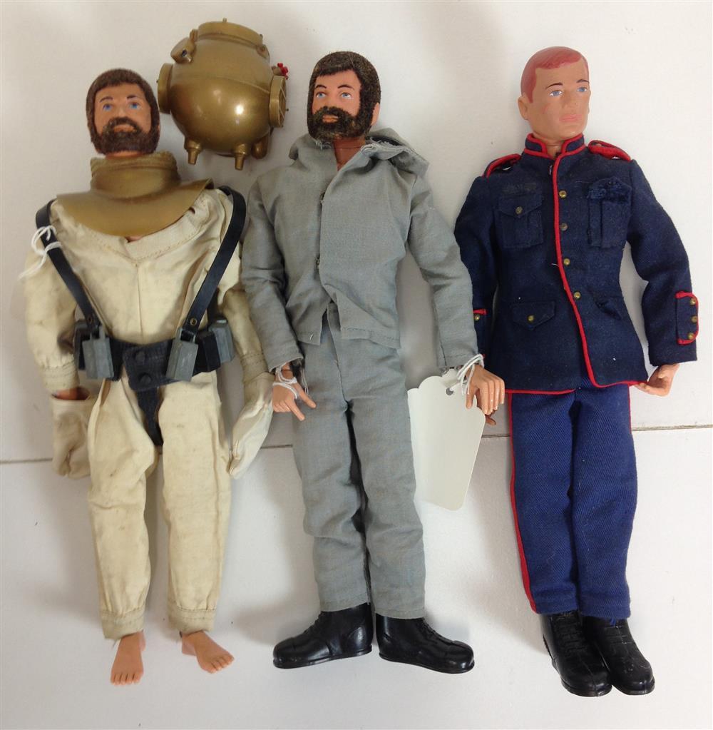 (3) G.I. JOE ACTION FIGURE DOLLS. INCLUDES DIVER WITH APPLIED BROWN HAIR AND BEARD (PATENT), LAND ADVENTURE WITH APPLIED BROWN HAIR...