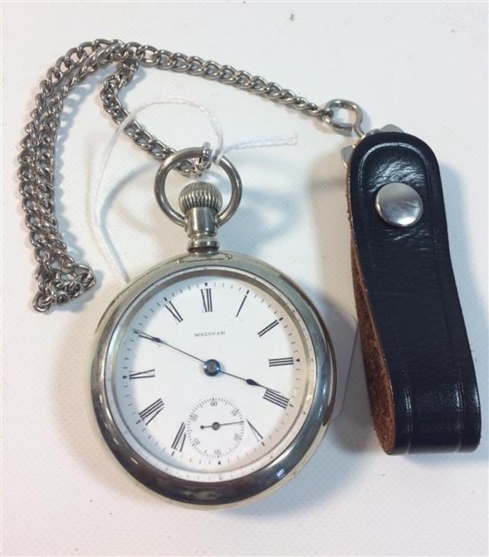 WALTHAM OPEN FACE SILVERODE POCKETWATCH, 17 JEWEL, SIZE 18, SERIAL # 1193242, 1879, WITH CHAIN