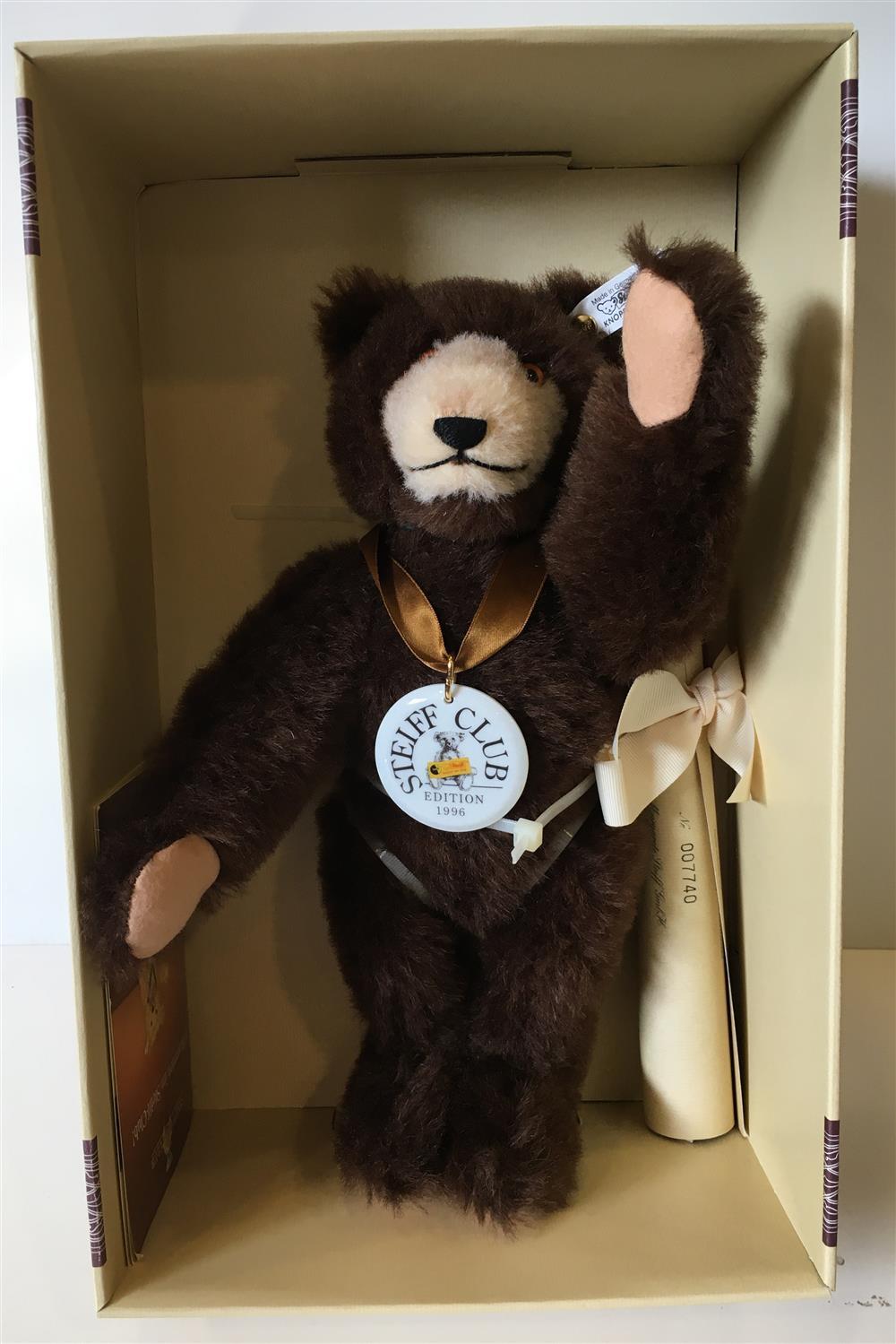 12" STEIFF 1996 CLUB EDITION "DICKY BRAUNBAR 1935" REPLICA. BROWN MOHAIR WITH BEIGE SNOUT, JOINTED AT NECK, SHOULDERS AND HIPS, LIMI...
